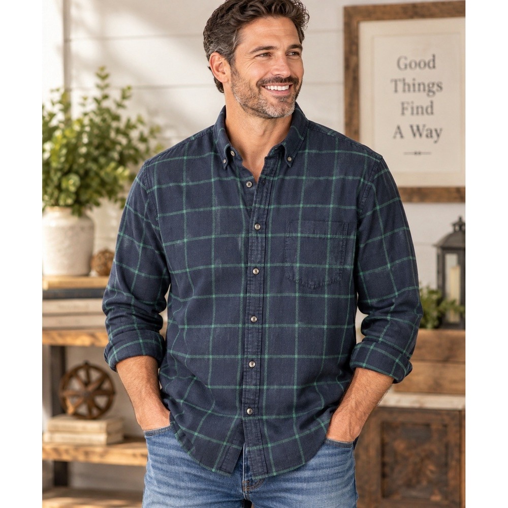 J.Crew Brushed Twill Shirt Mens XL Slim Navy Green Plaid Flannel Cotton